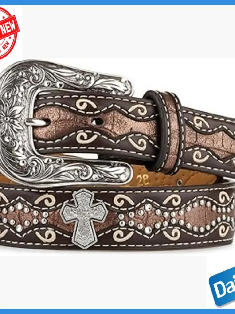 Little Kids Genuine Leather Western Belt with Rhinestone Cross Buckle